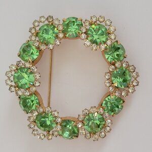 Vintage Green & Clear Rhinestone Circle Brooch Pin